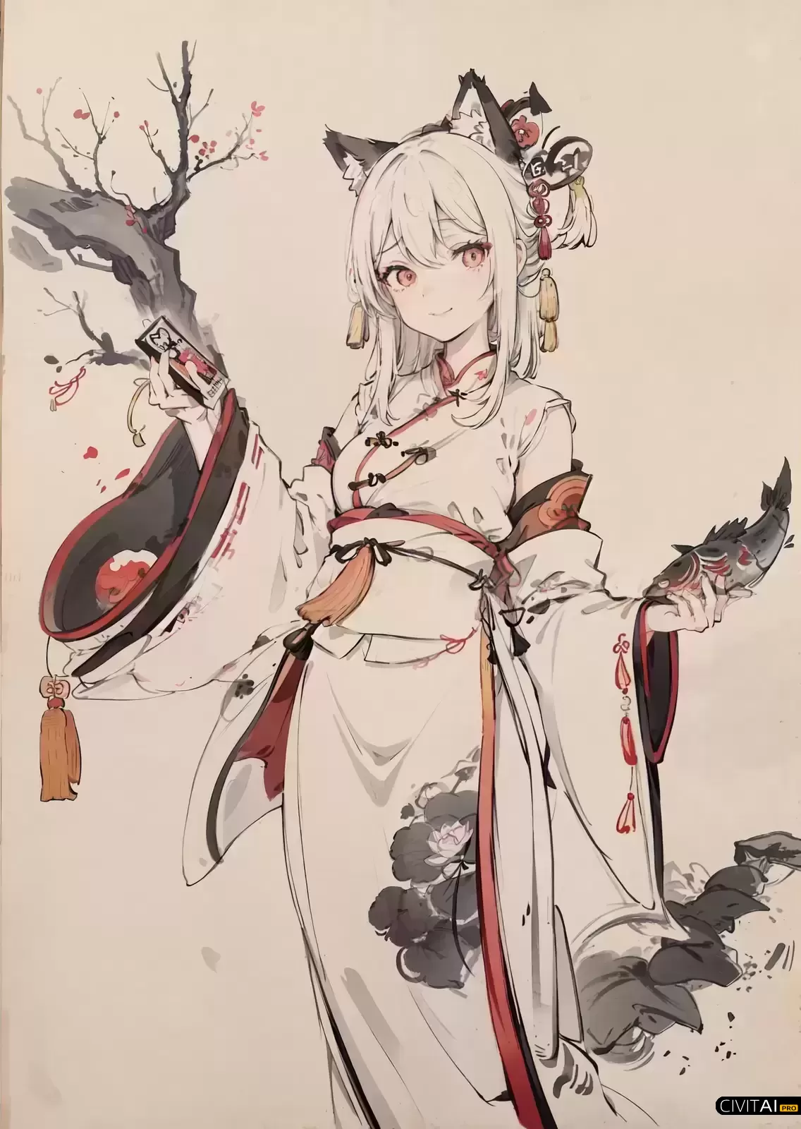 中国传统水墨画穿汉服女孩