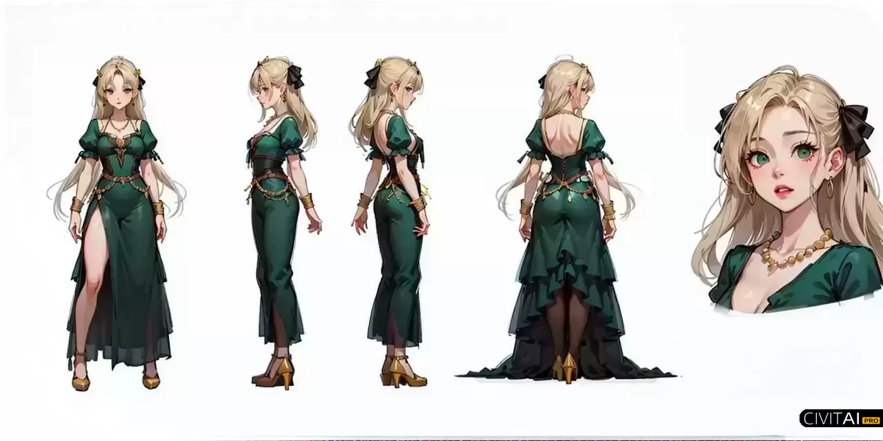 金发绿裙的迷人女孩全身照