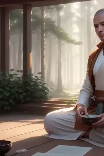 穿白色长袍正坐着冥想的和尚