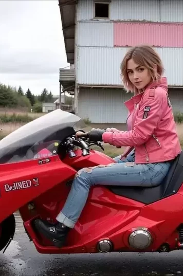 骑红摩托穿红夹克的牛仔裤女孩