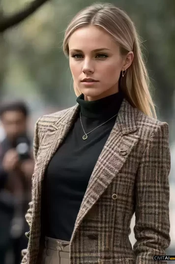 金色头发黑色眼睛戴眼镜戴穿着格子西装女孩