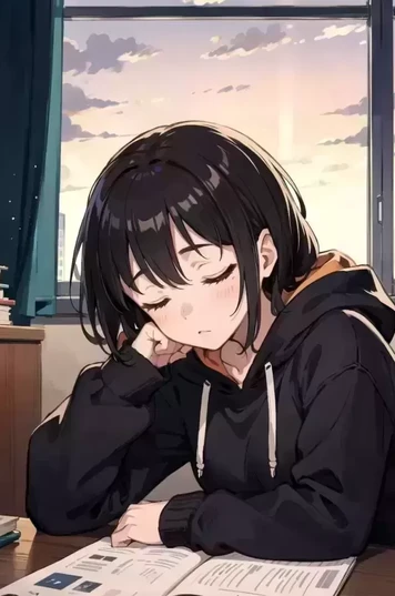 温暖色调的帽衫女孩倚手沉睡场景