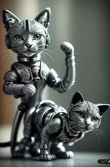 金属构成的可爱小猫机械生物画面