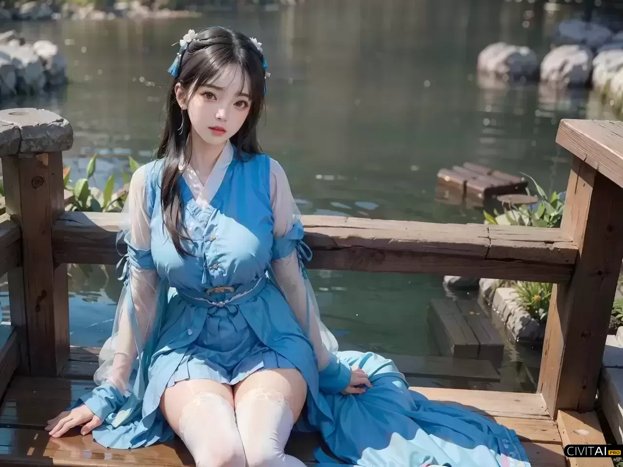 苏州园林中的可爱少女