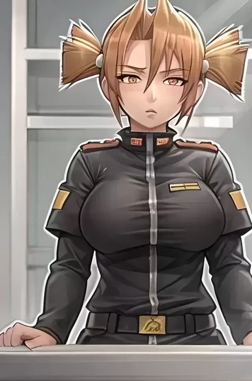 深橙色眼睛双短尾穿军装动漫女孩