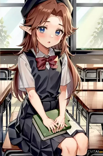 座在教室穿连衣裙戴帽子的女孩