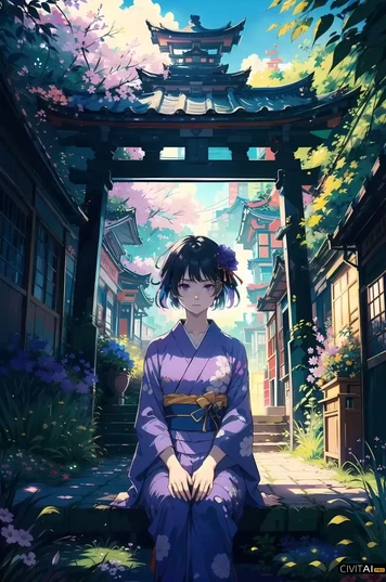 坐在花园里穿着紫色和服的女孩