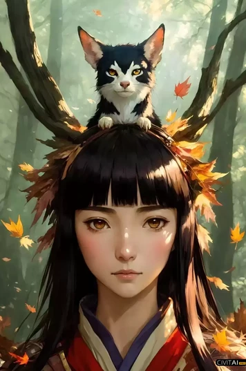 头上有只猫的女孩肖像画
