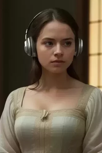 穿连衣裙戴耳机的女孩