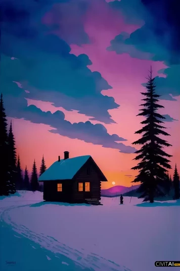 粉红色日落映照下的小屋