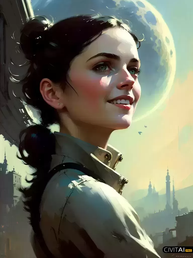 油画里奔跑在月球的白皙少女