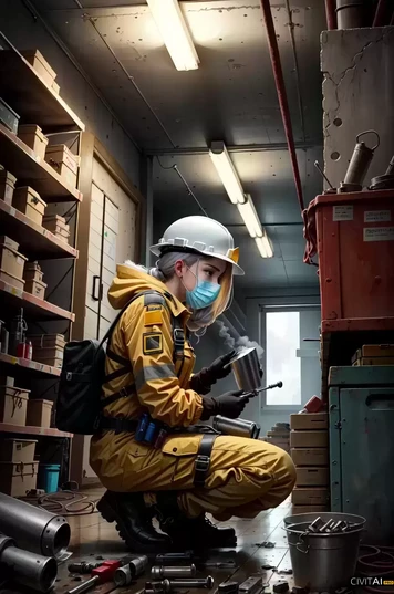 穿工装戴头盔的女性工作场景