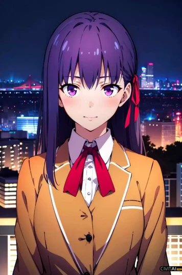 夜晚下穿着校服的紫发女孩