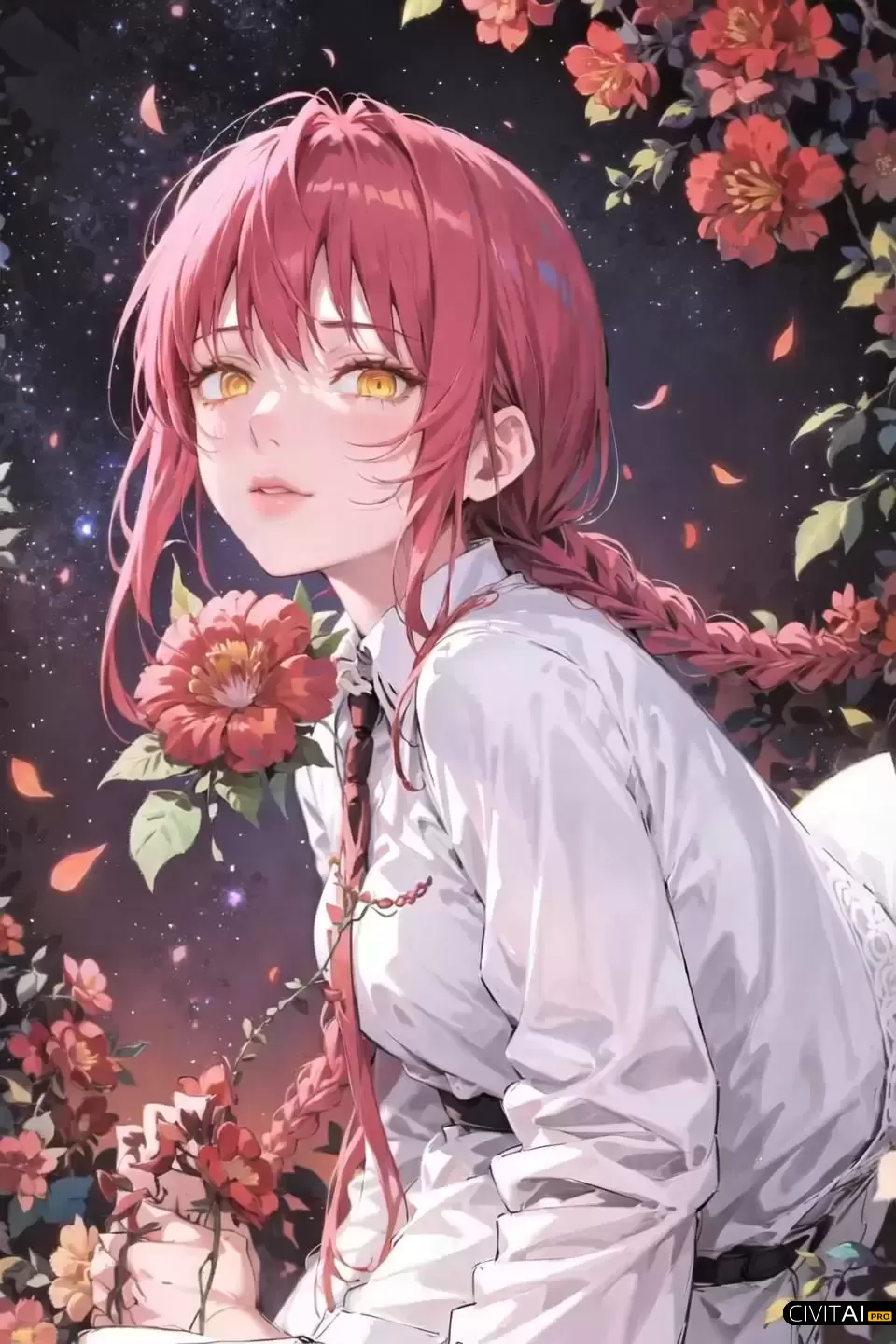 百合花舞动星空下的红发少女