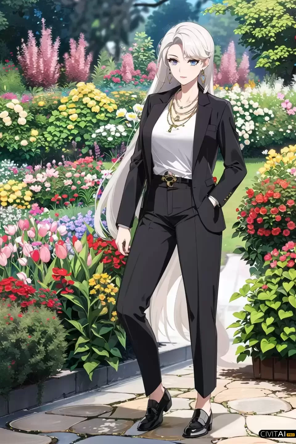 站在花丛中穿着西装的女性