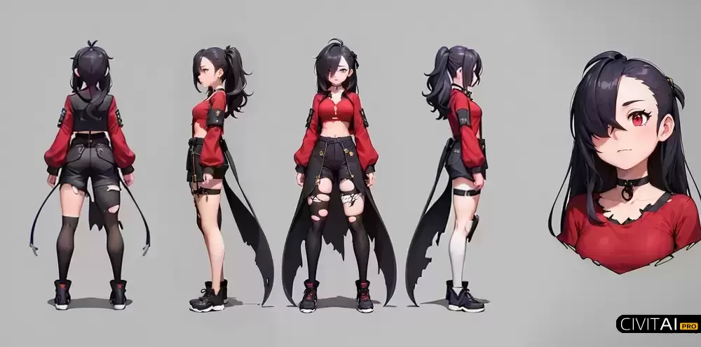 身穿黑夹克红衬衫的女孩全身照