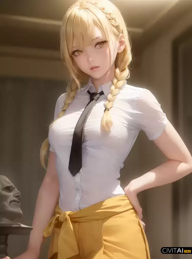 穿白衬衣黑领带的金发美女