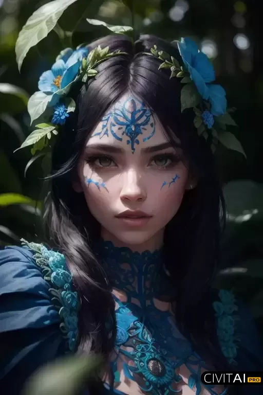 丛林中戴着蓝色花朵的女孩