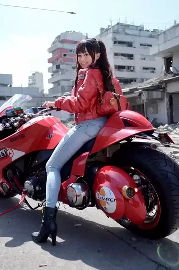 穿红色夹克骑红色摩托车的女孩