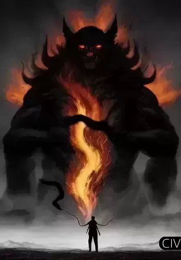 手持火刀皮鞭巨大人形影子的描绘