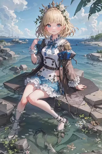 坐在海边礁石上的连衣裙女孩