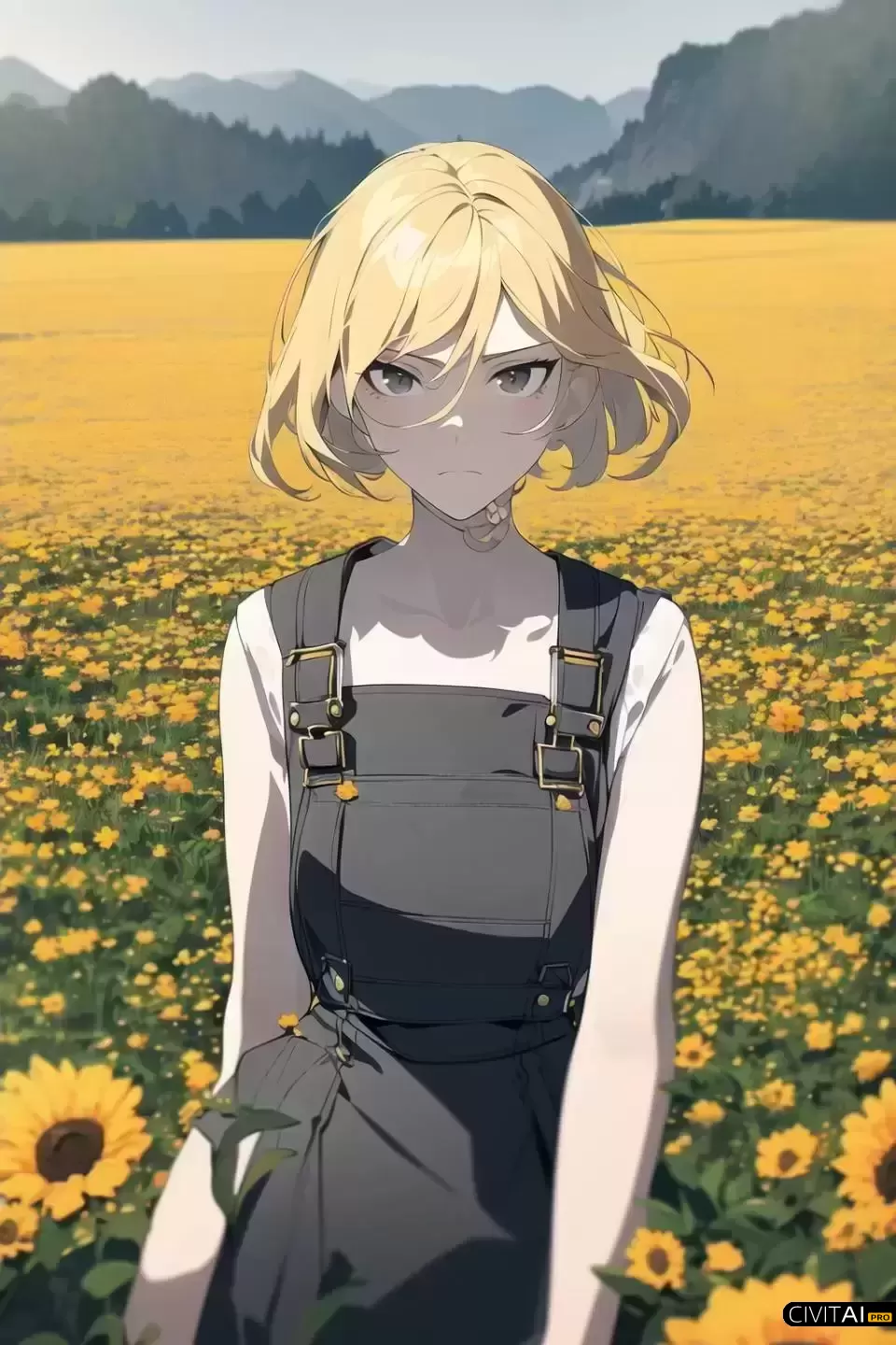 橙色背带裤黄发女子在四边形花田