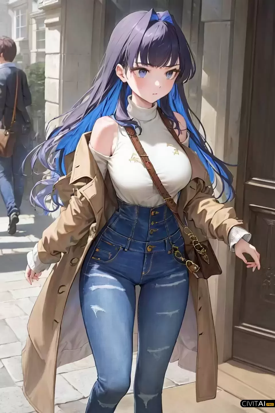 穿着高腰裤和毛衣外套的长发女孩