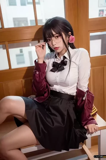 戴眼镜的短裙红夹克女孩