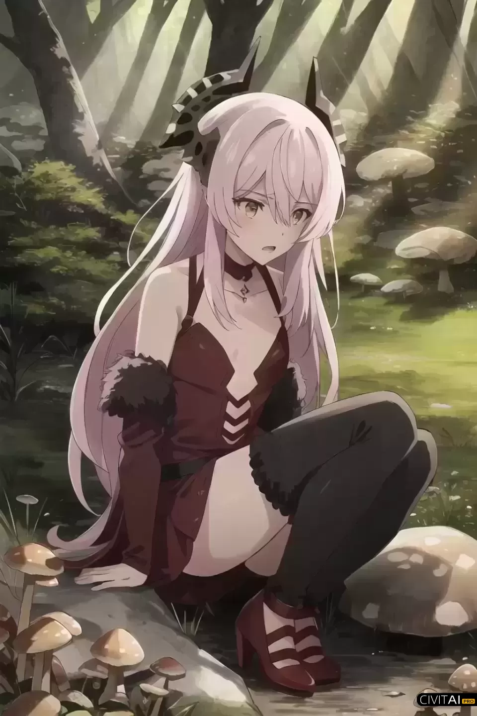 巨大蘑菇森林中的红裙少女