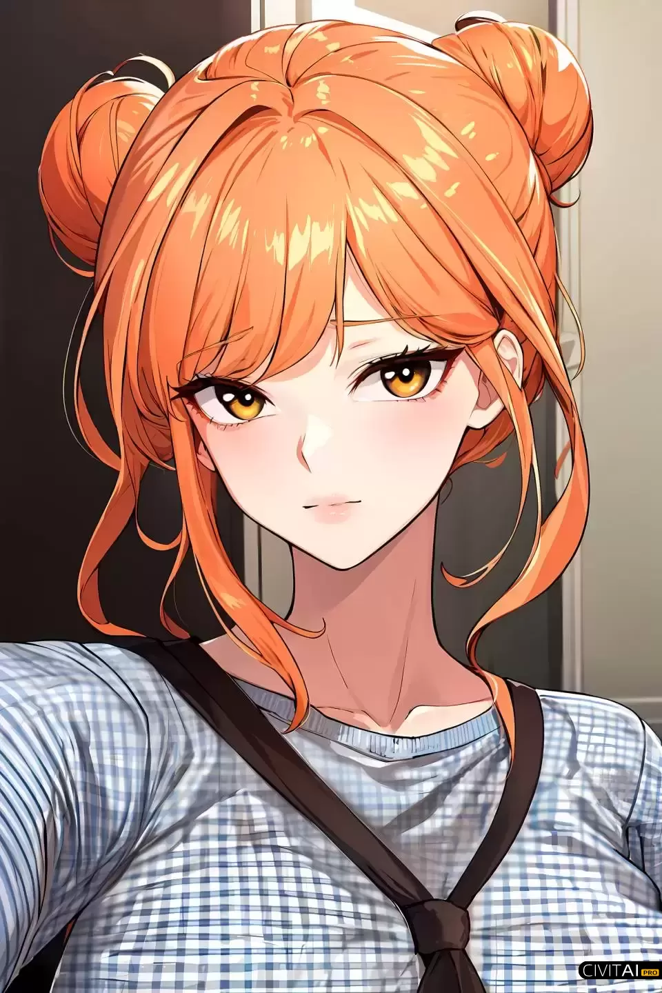 穿着格子T恤扎着双髻的女孩