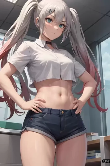 穿着白色短款上衣和短裤的女性