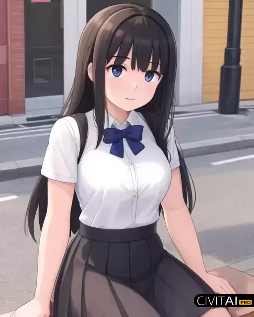 坐在街上穿衬衣裙子的女孩