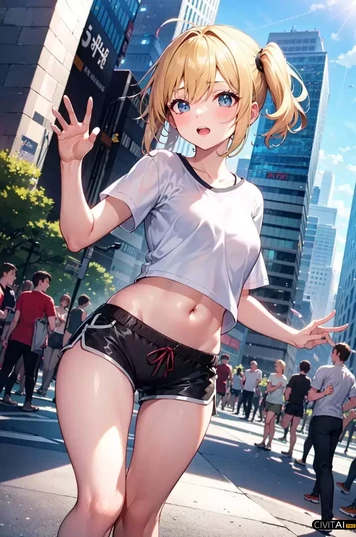 街上穿着短裤短衣的金发女孩