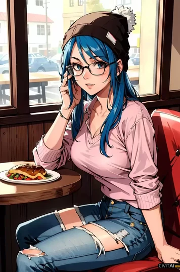 穿着破洞牛仔裤的蓝发女孩