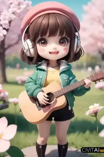 樱花树下弹吉他的迷你女孩