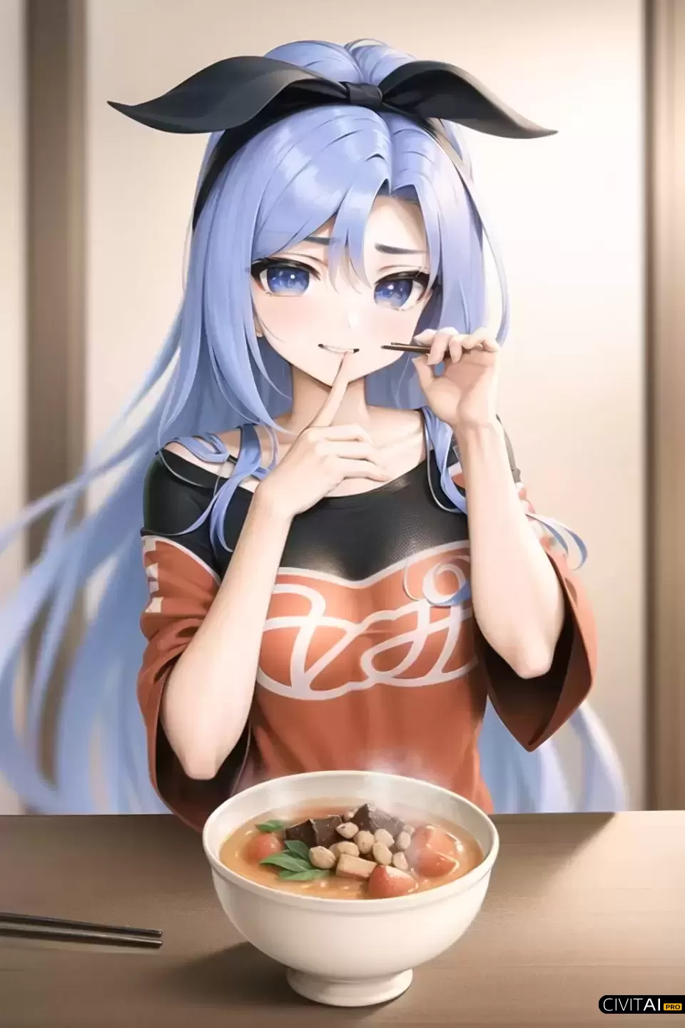 正在享用美食的紫色长发女孩