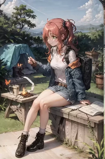 在野外露营的背包女孩