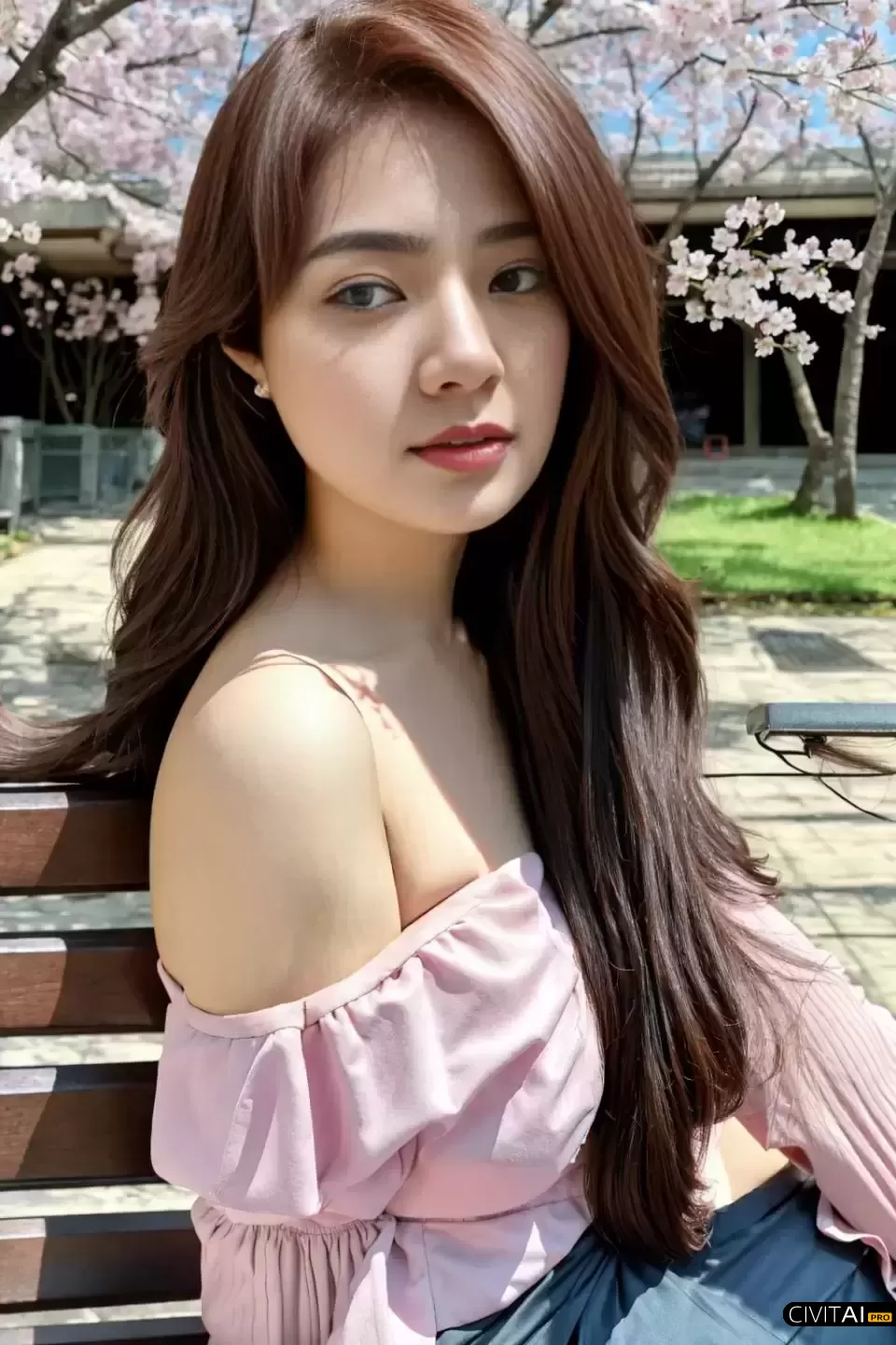 坐在樱花树下的长发美女