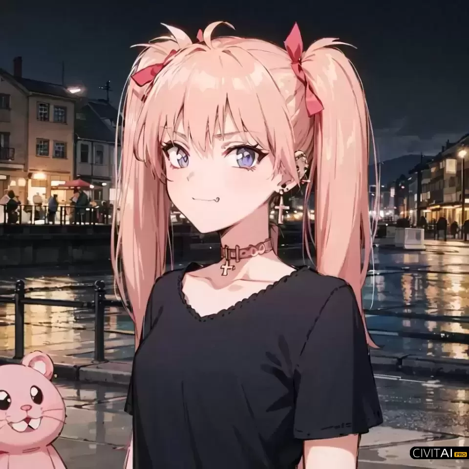 90年代风格粉发女孩在鹅卵石街头