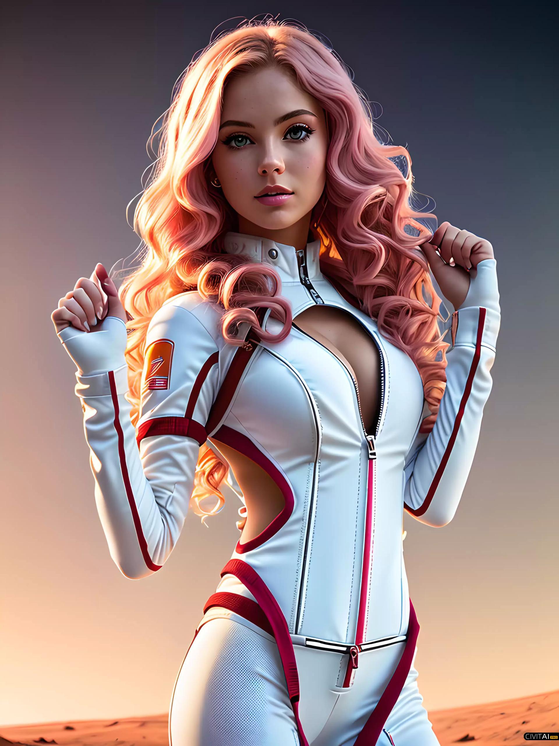 在火星上探险的性感宇航员的4K电影质感描绘