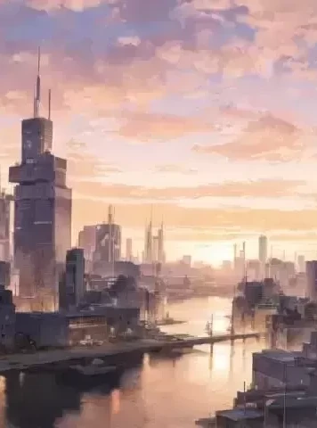 科幻城市夕阳天际线的壮丽画面