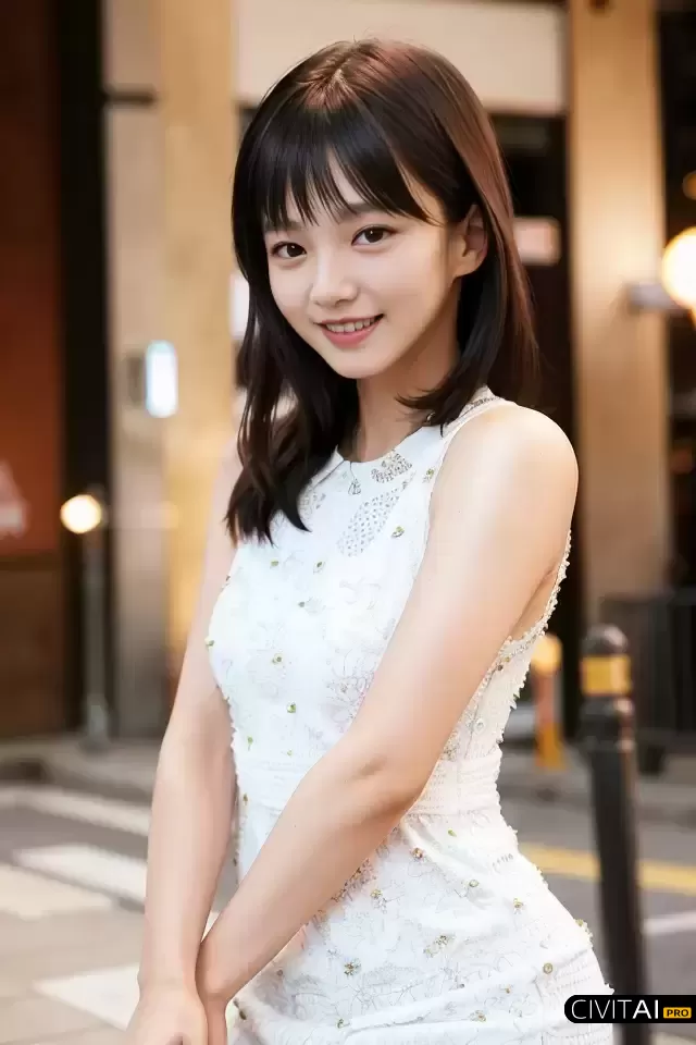 樱花夜景下的酒窝女孩