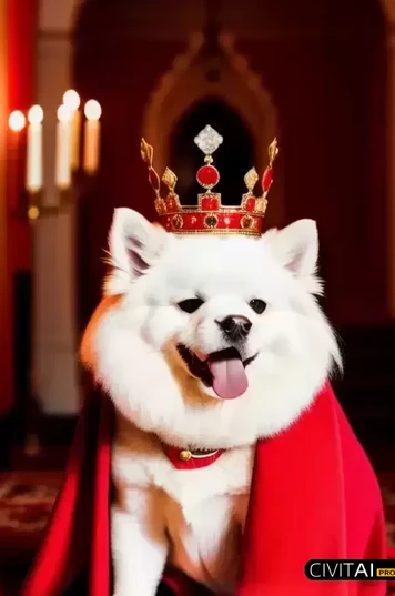 蜡烛光下白博美犬的红皇袍高清摄影