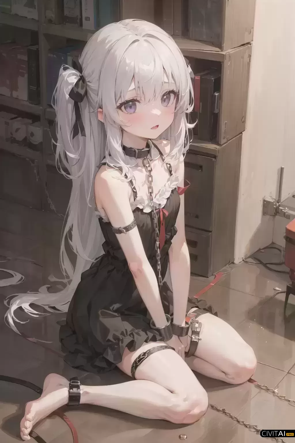 戴着脚镣手铐的白发连衣裙女孩