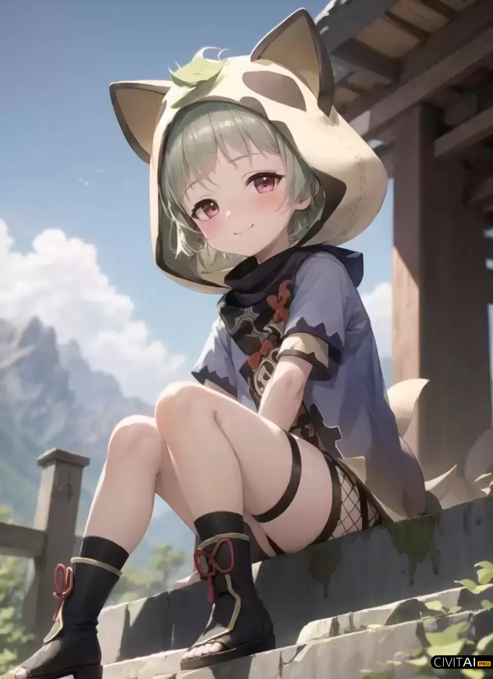 坐在楼梯上的微笑女孩