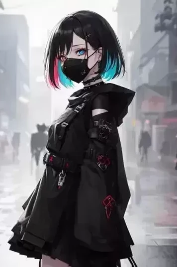 霓虹雨夜下的哥特朋克女孩走动剪影