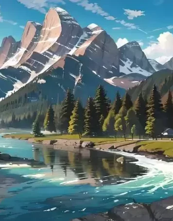 一幅山脉河流景观的壮丽画面