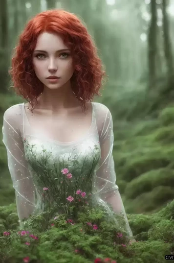 森林里透明白裙的红发女子