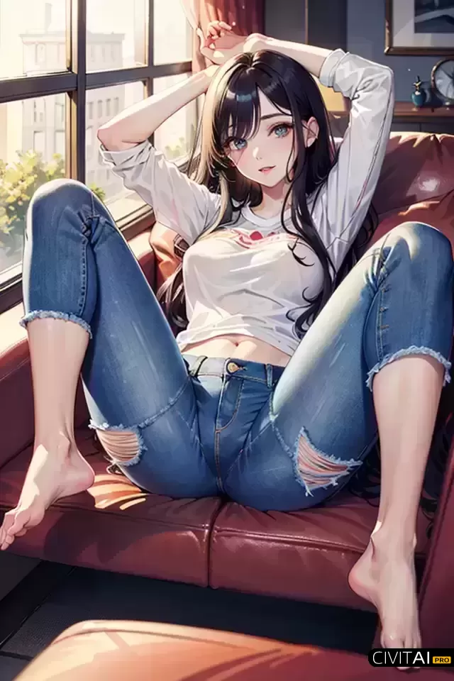 窗边女孩破洞牛仔裤休闲造型画