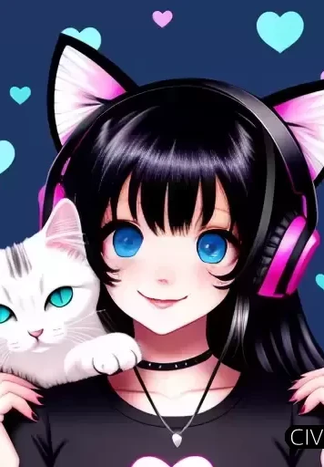 戴耳机的女孩和她可爱的猫